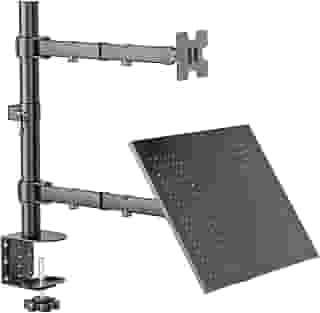 BAZIK Suporte Articulado para Monitor e Notebook – Braço Ajustável com Bandeja para Notebook até 17', Monitores de 13'' a 32'', Suporte para Monitor Duplo com Ergonômico com Organização de Cabos