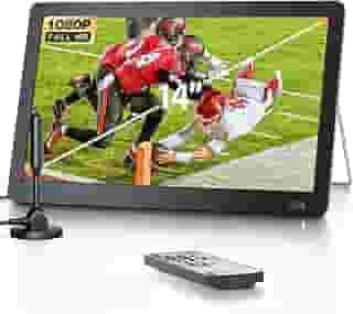 Desobry TV pequena portátil de 14 polegadas com antena, mini TV recarregável com sintonizador ATSC, suporte embutido para monitor LCD 1080p, entrada HDMI, USB, entrada AV, suporta acampamento, cozinha