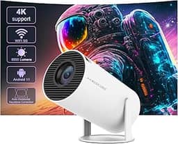 Mini Projetor Portatil 5G Wifi 6 BT 5.0 Android 11, Projetor 4K 1080P Full HD Suporte 8000 Lumens, Projetor Led Auto de Correcção Trapezóide Horizontal, 180°Girável Projector para Telefónico