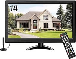 TV portátil de 14 polegadas 1366 x 768 (compatível com 1080P) TV pequena de tela plana HD com antena sintonizadora ATSC, controle remoto/HDMI/USB/AV/VGA, adequado para cozinha, quarto, trailer