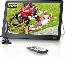 Desobry TV pequena portátil de 14 polegadas com antena, mini TV recarregável com sintonizador ATSC, suporte embutido para monitor LCD 1080p, entrada HDMI, USB, entrada AV, suporta acampamento, cozinha
